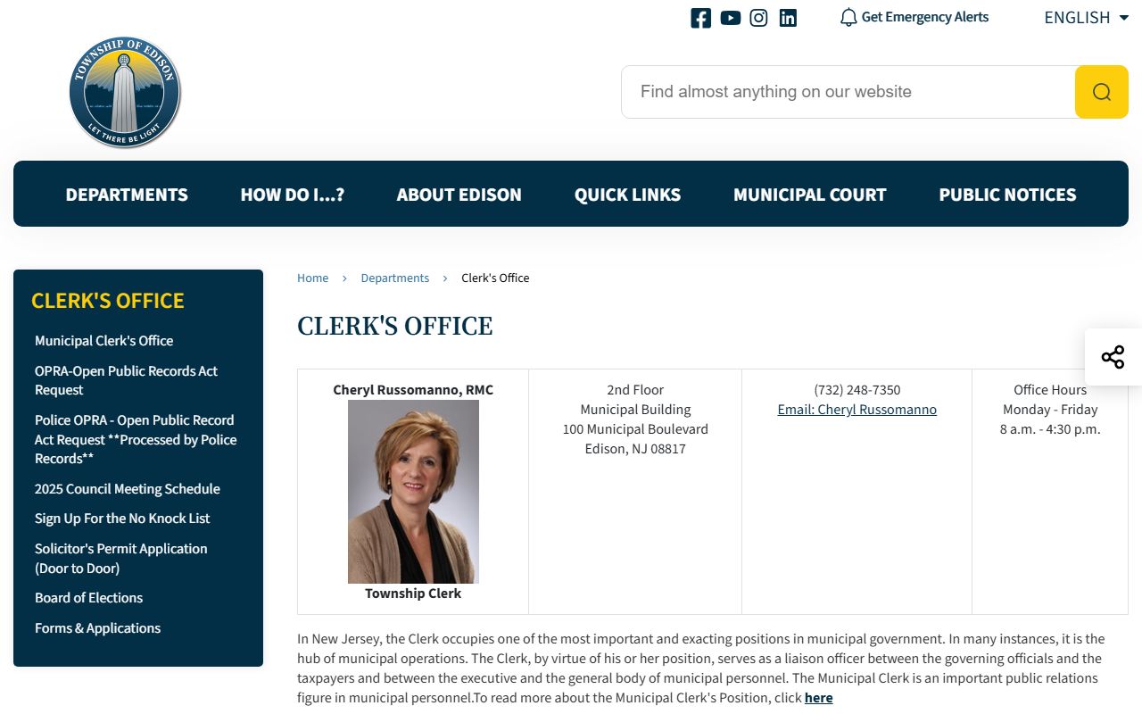 Edison Township clerk office page for arrest record OPRA requests