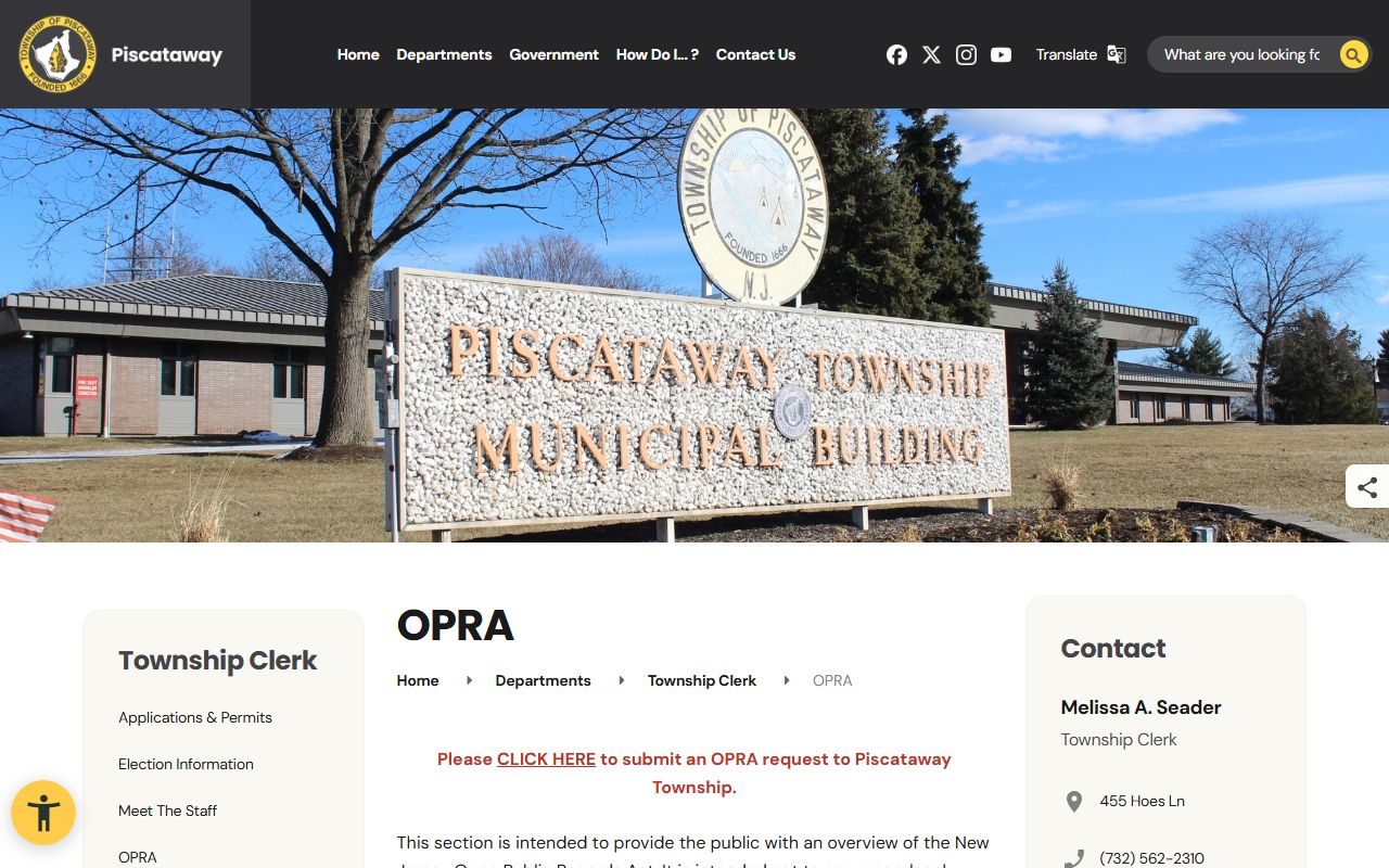 Piscataway Township clerk OPRA request page for arrest records