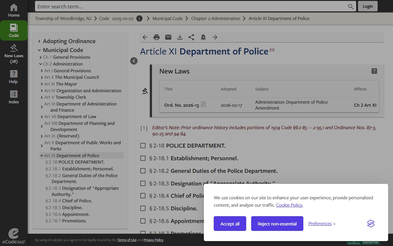 Woodbridge Township OPRA code for arrest record access on ecode360