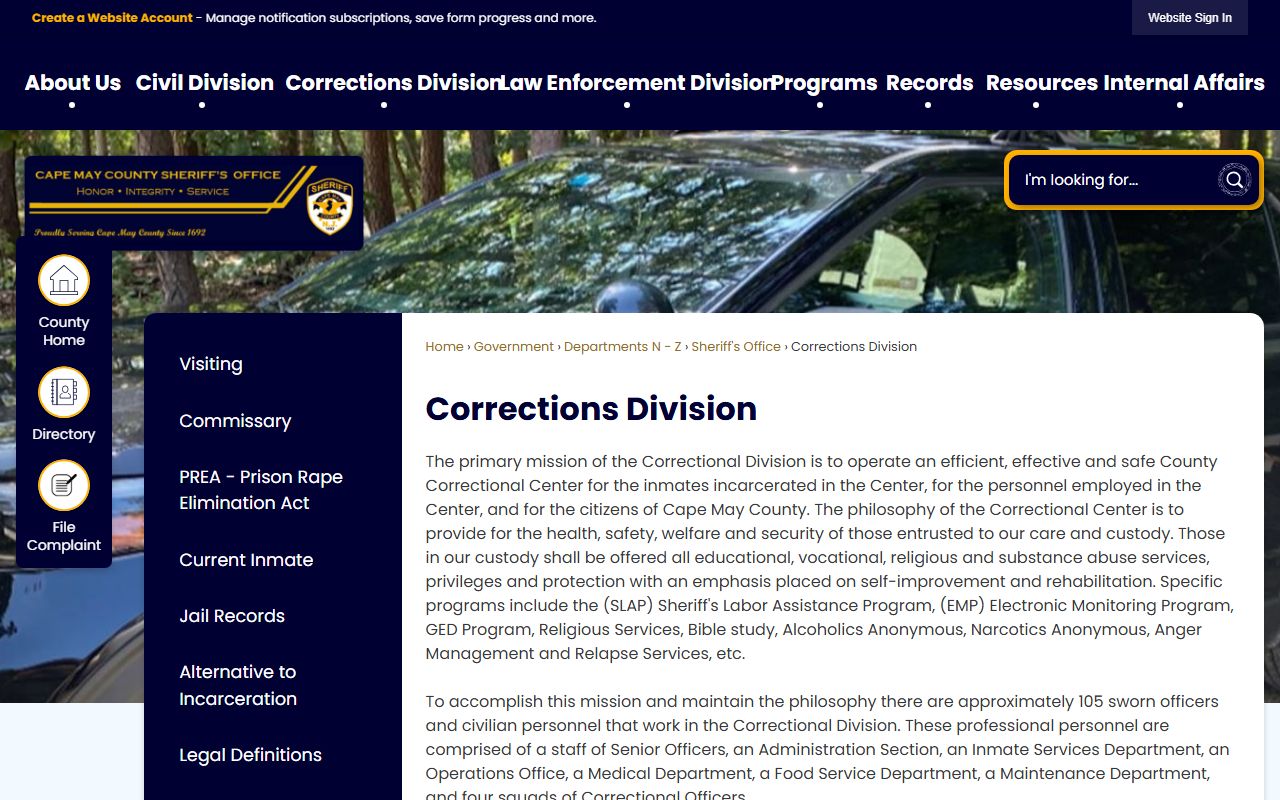 Cape May County Corrections Division page for recent arrests and jail records