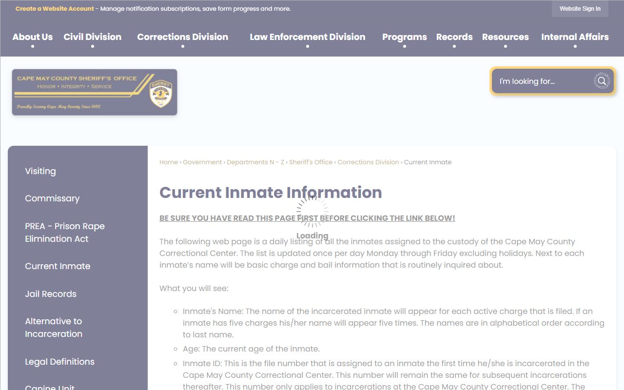 Cape May County Current Inmate search tool for looking up recent arrests