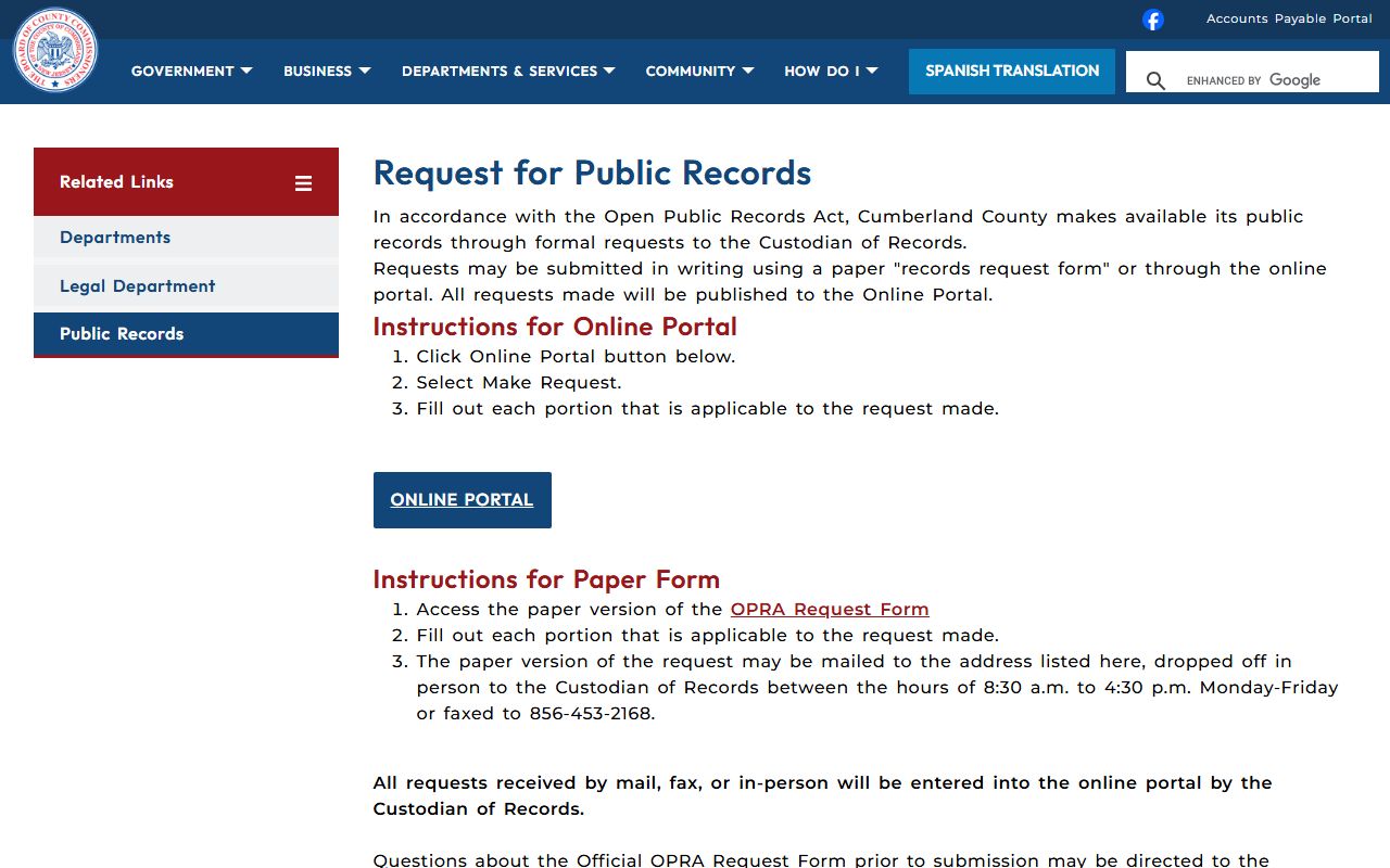 Cumberland County OPRA portal for public arrest record requests