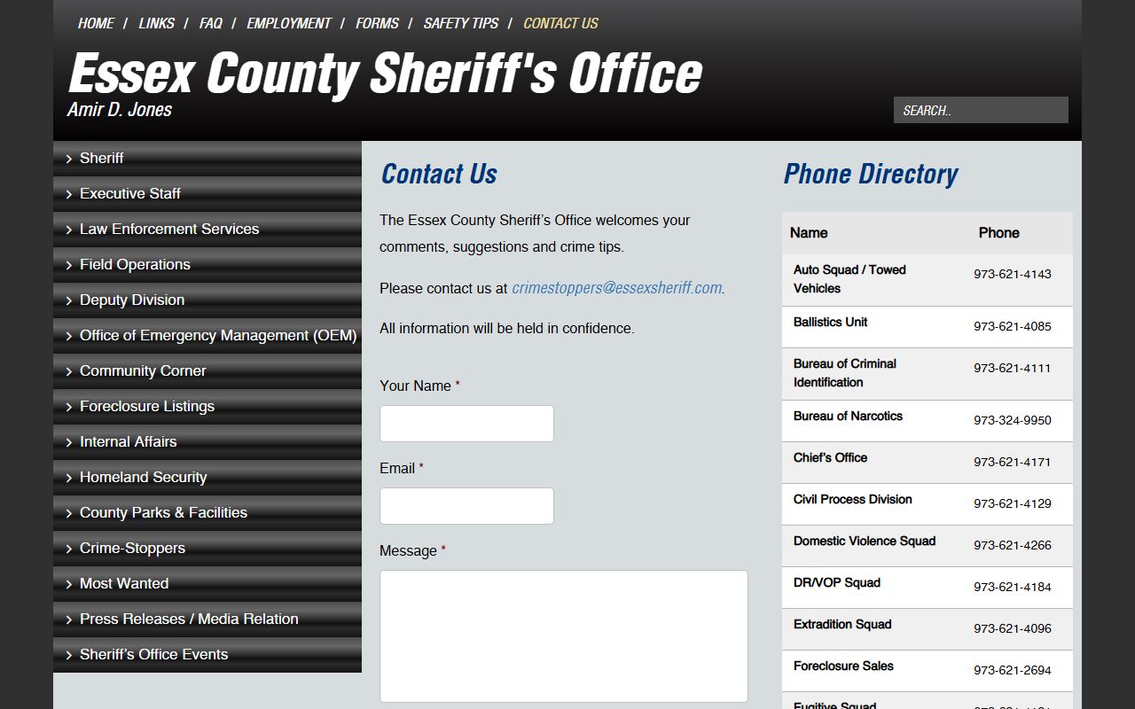 Essex County Sheriff contact page for arrest record requests