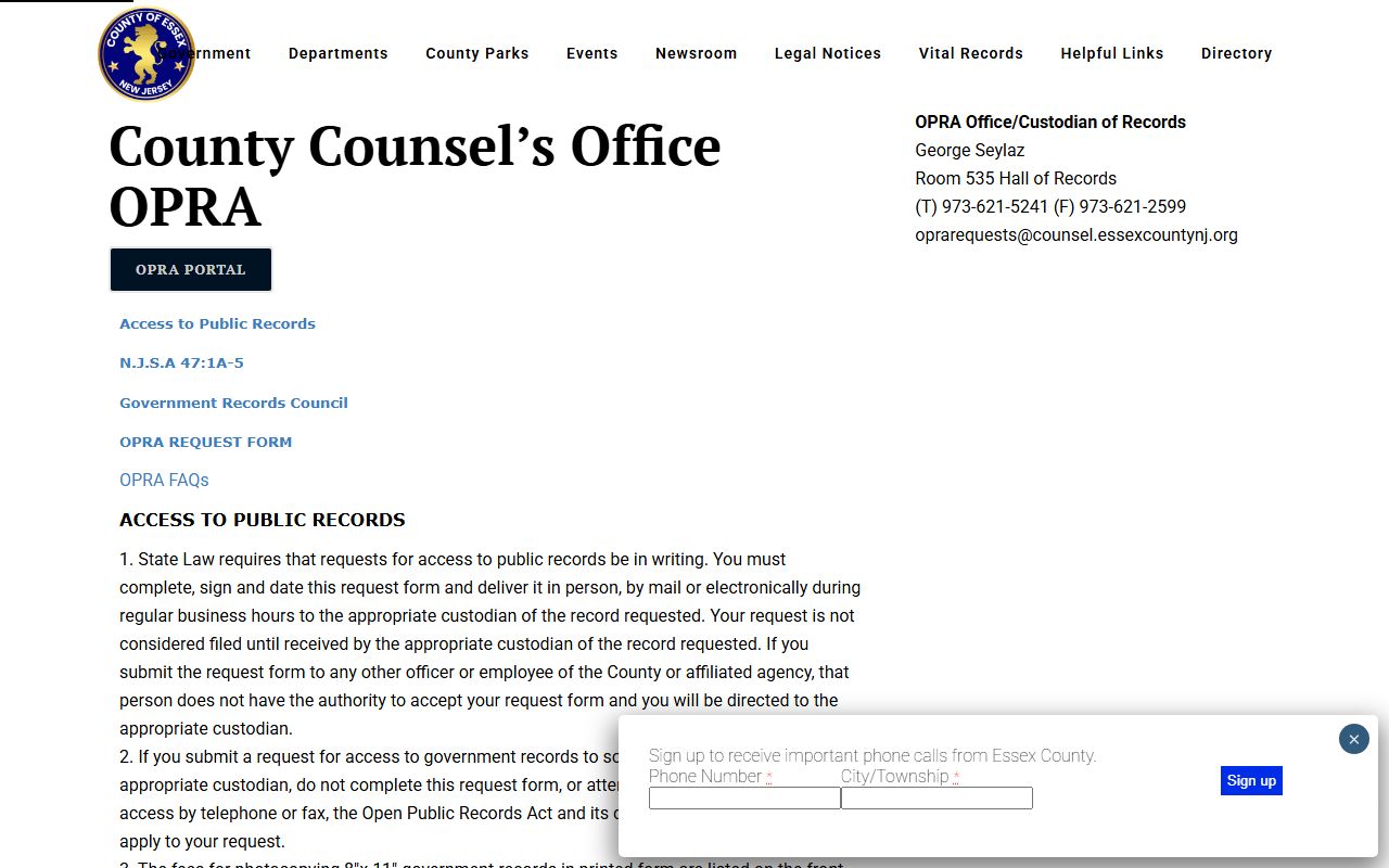 Essex County OPRA request page for Bloomfield arrest and booking records