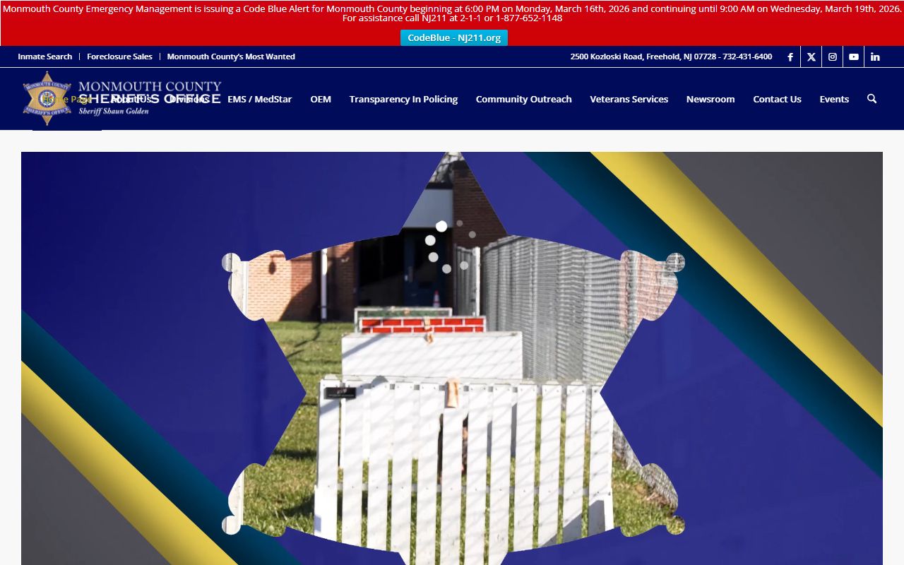 Monmouth County Sheriff website for arrest records and booking data