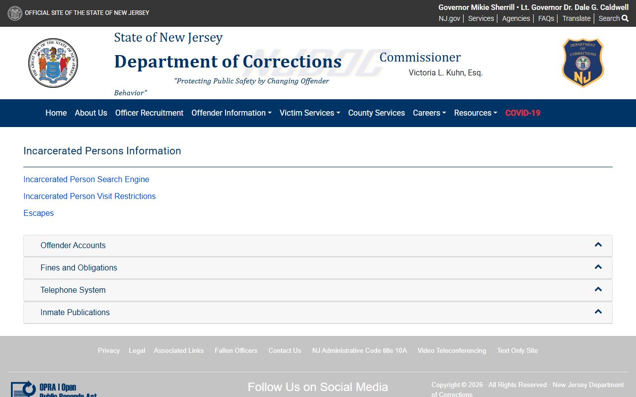 New Jersey Department of Corrections offender search for arrest and incarceration records