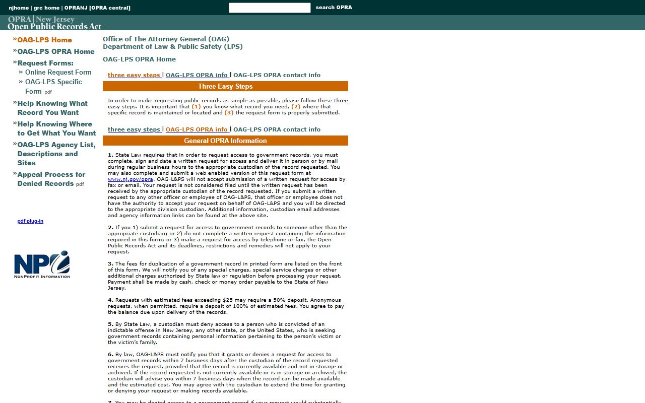 New Jersey OPRA portal for requesting recent arrest records