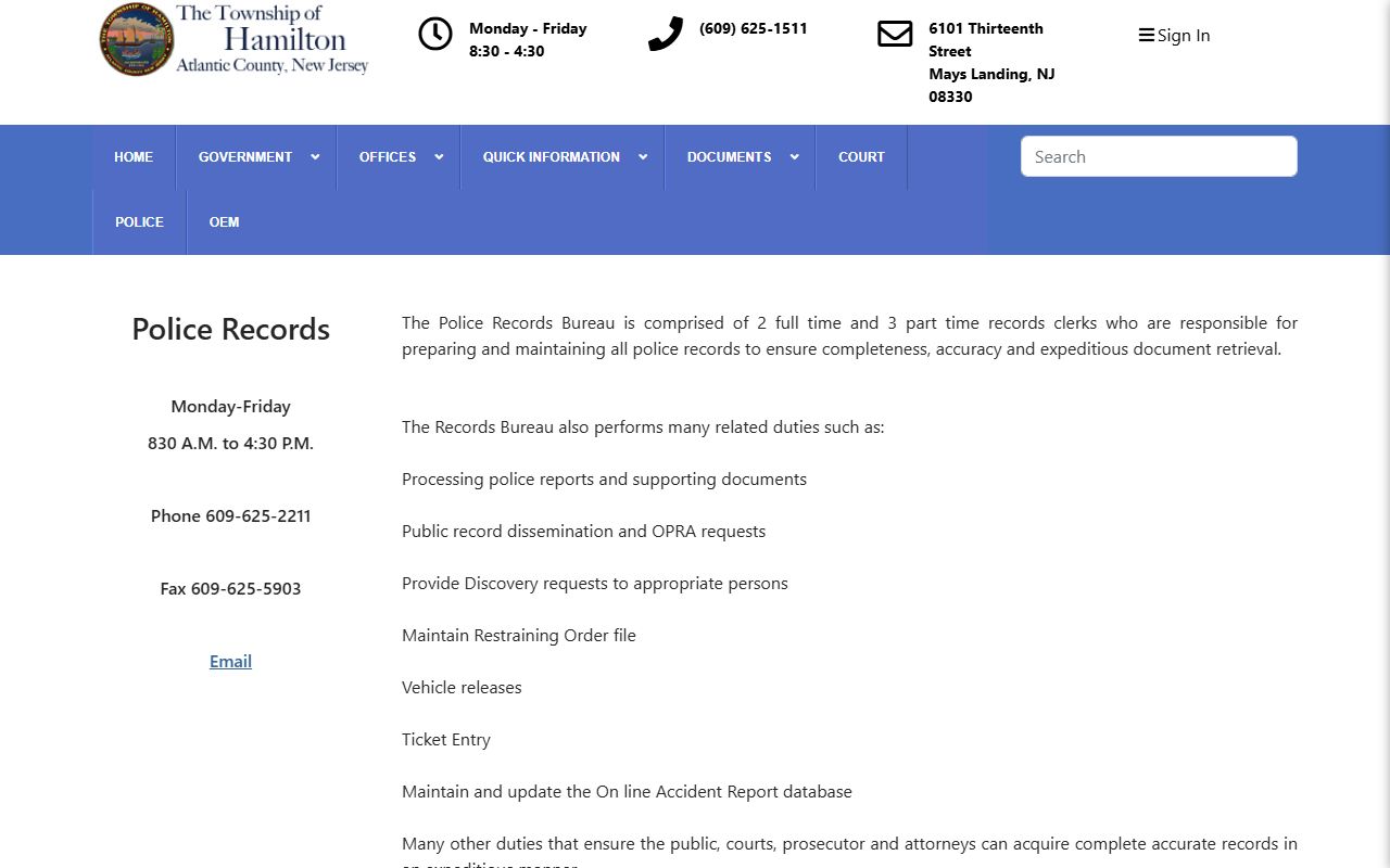 Hamilton Township Police Department records division for recent arrest requests