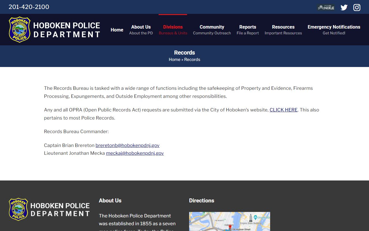 Hoboken Police Department records page for arrest record requests